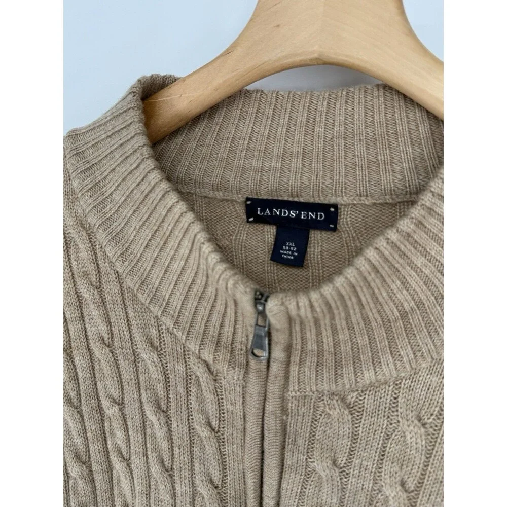 Lands End 100%‎ Wool Cable Knit Sweater Mens XXL Tan Preppy Fisherman 3/4 Zip